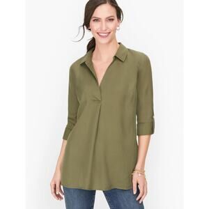 Talbots Button Back Green Collared Pullover Roll Tab Sleeve Tunic Blouse Sz 0X
